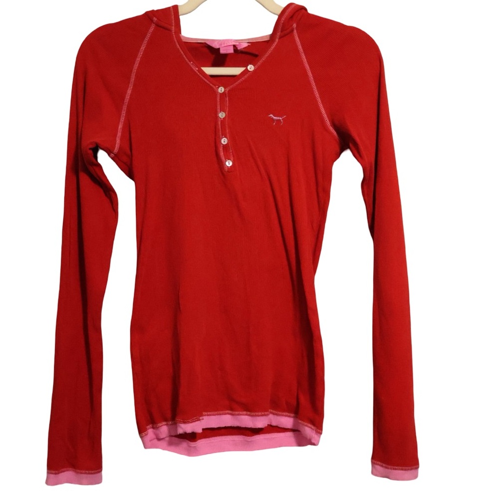 Y2K Victoria's Secret PINK hooded thermal henley long sleeve shirt. Small